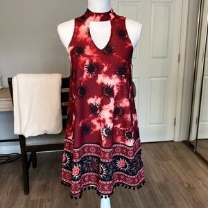 Kiss the Sky Choker Festival Swing Dress in Red & Black Tie Dye Sun & Moon Print